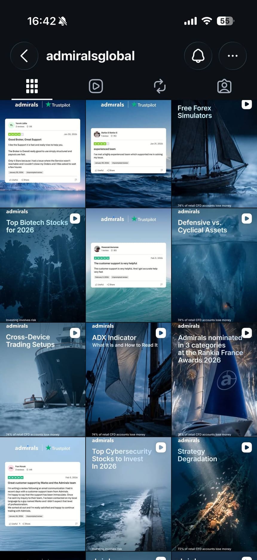 Admirals Instagram feed after the refresh, with blue and teal maritime imagery, white headlines and consistent client review templates.