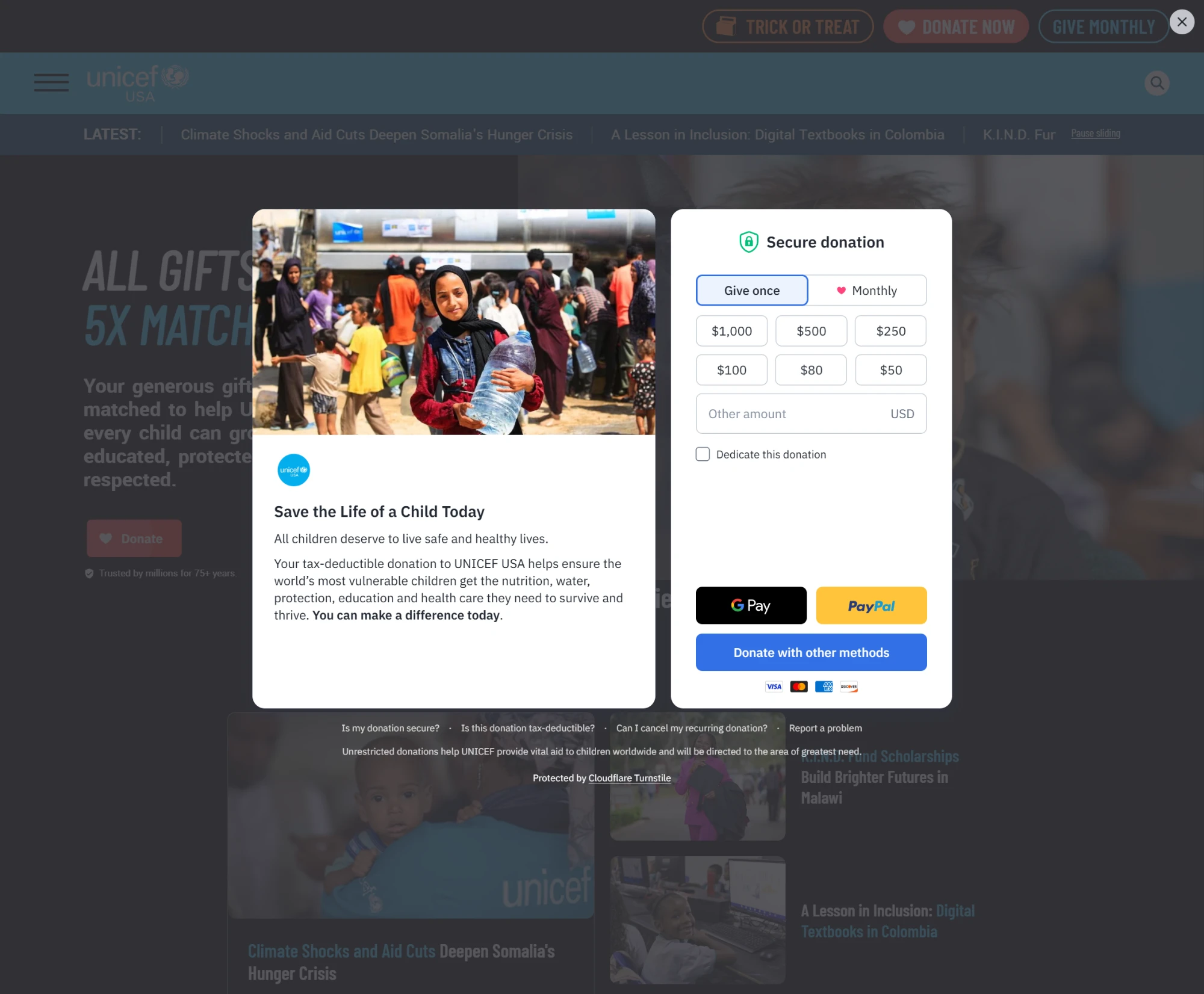 Fundraise Up donation checkout open on unicefusa.org: a campaign story beside the Secure donation form with Give once and Monthly, suggested amounts, Google Pay, PayPal and other payment methods.