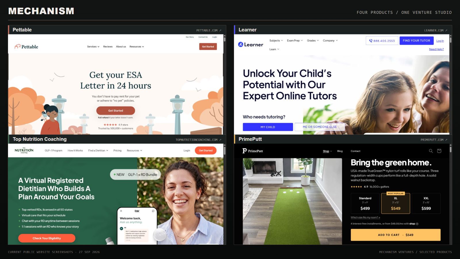 Current websites of Pettable, Learner, Top Nutrition Coaching and PrimePutt in a four-panel layout