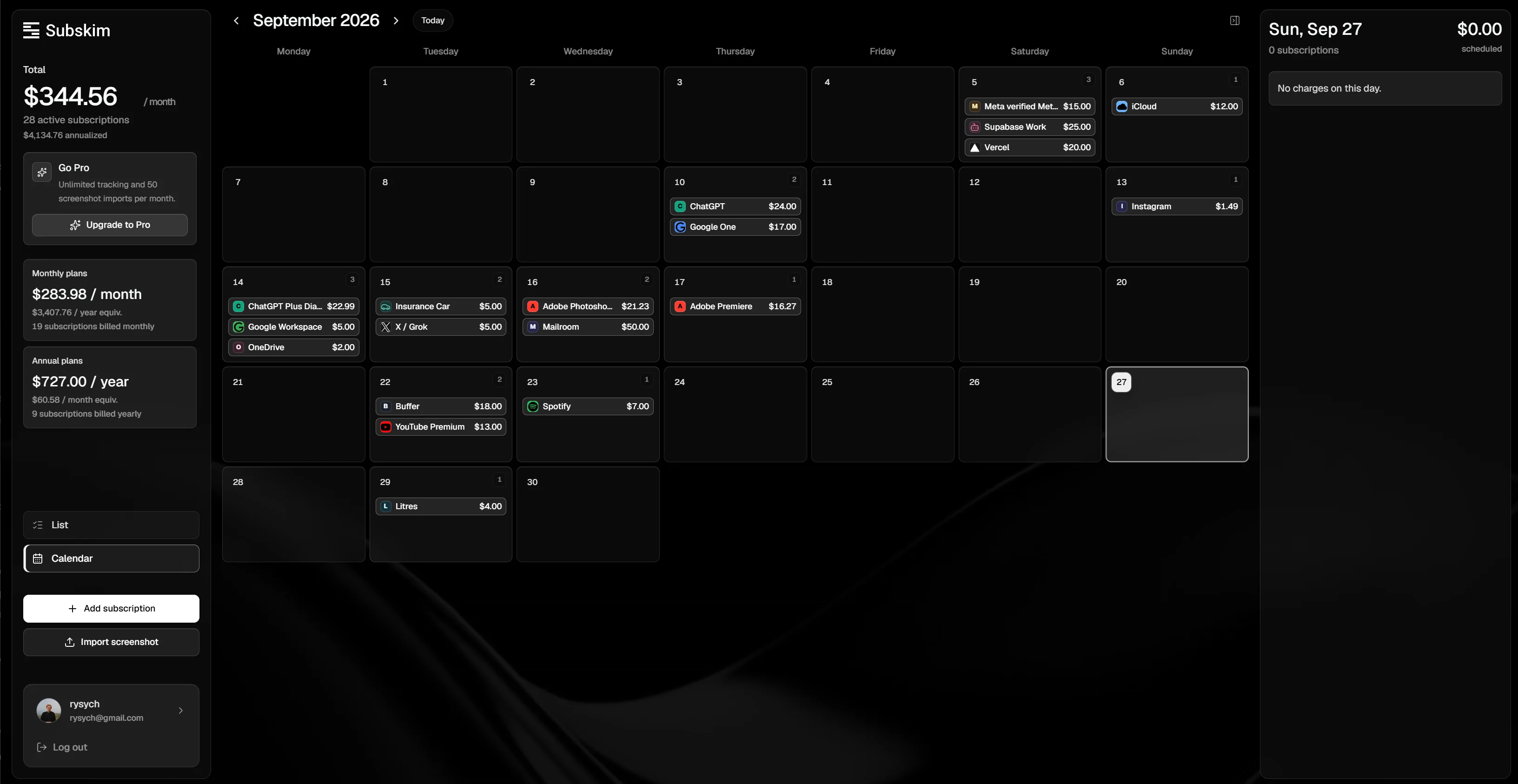 Subskim showing monthly spend, active subscriptions and upcoming charges on a renewal calendar.