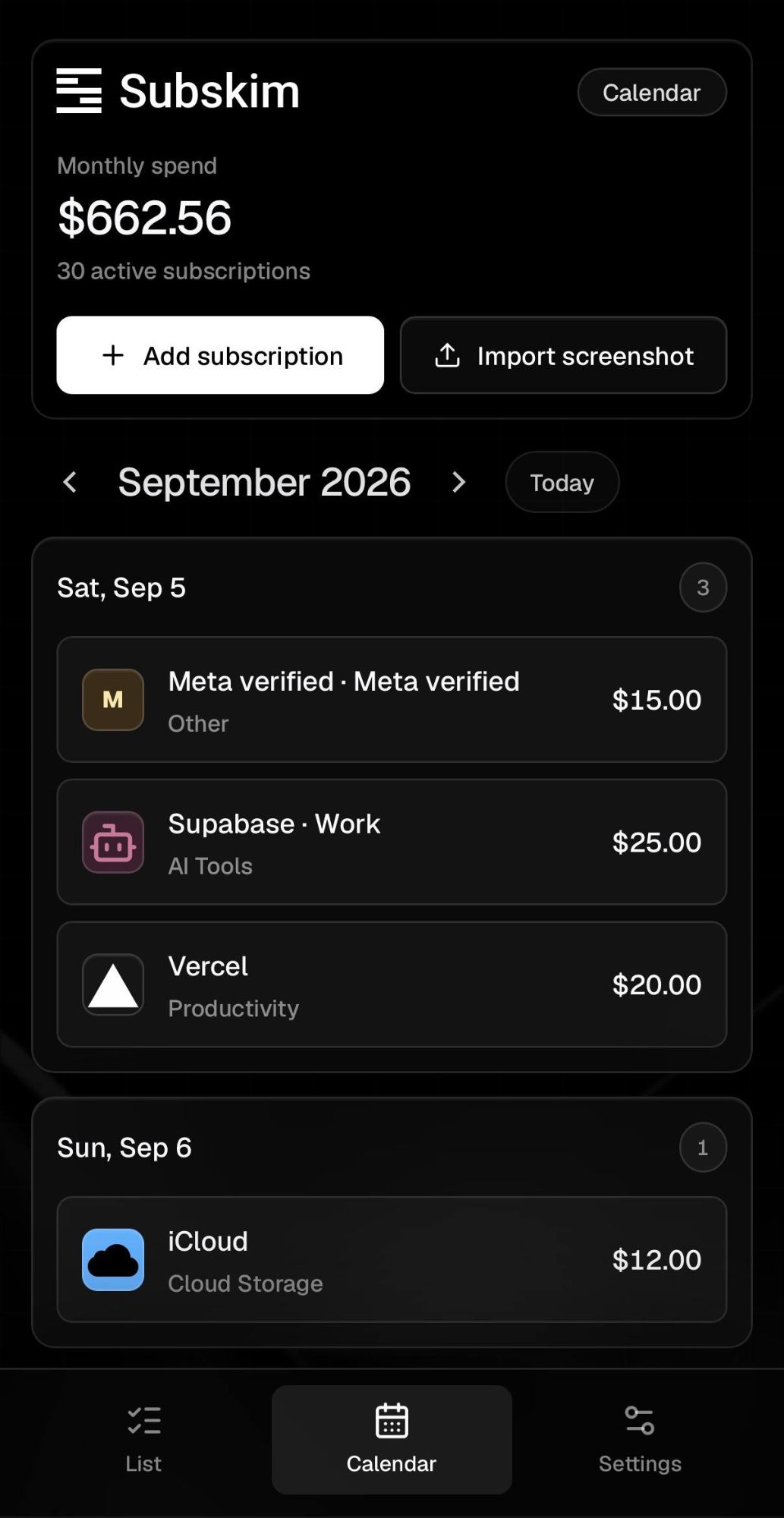 Subskim on a phone: monthly spend, active subscriptions and the charges due on each day